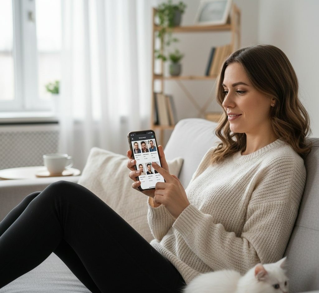 Femme sur un canape avec son telephone au Tampon, illustration un les messages et peut-être la rencontre