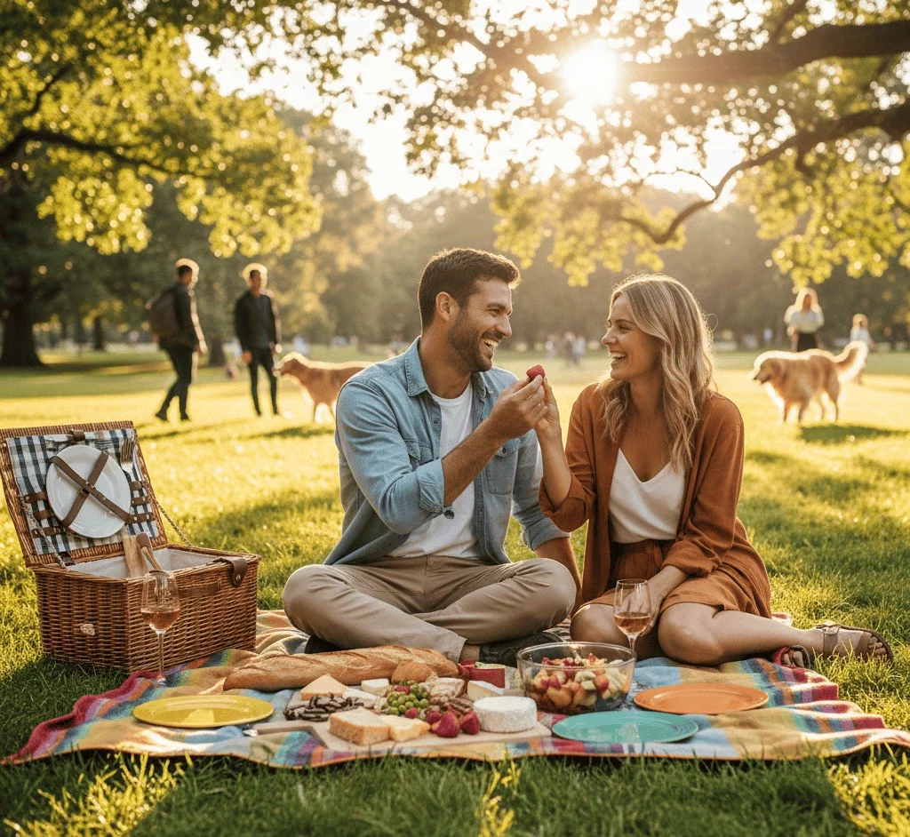 Coach amoureux Nantes - Couple épanoui partageant un moment romantique dans un parc