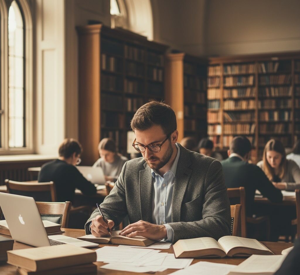 Homme qui travaille dans une bibliotheque de Goussainville, illustration pour le developpement personnel