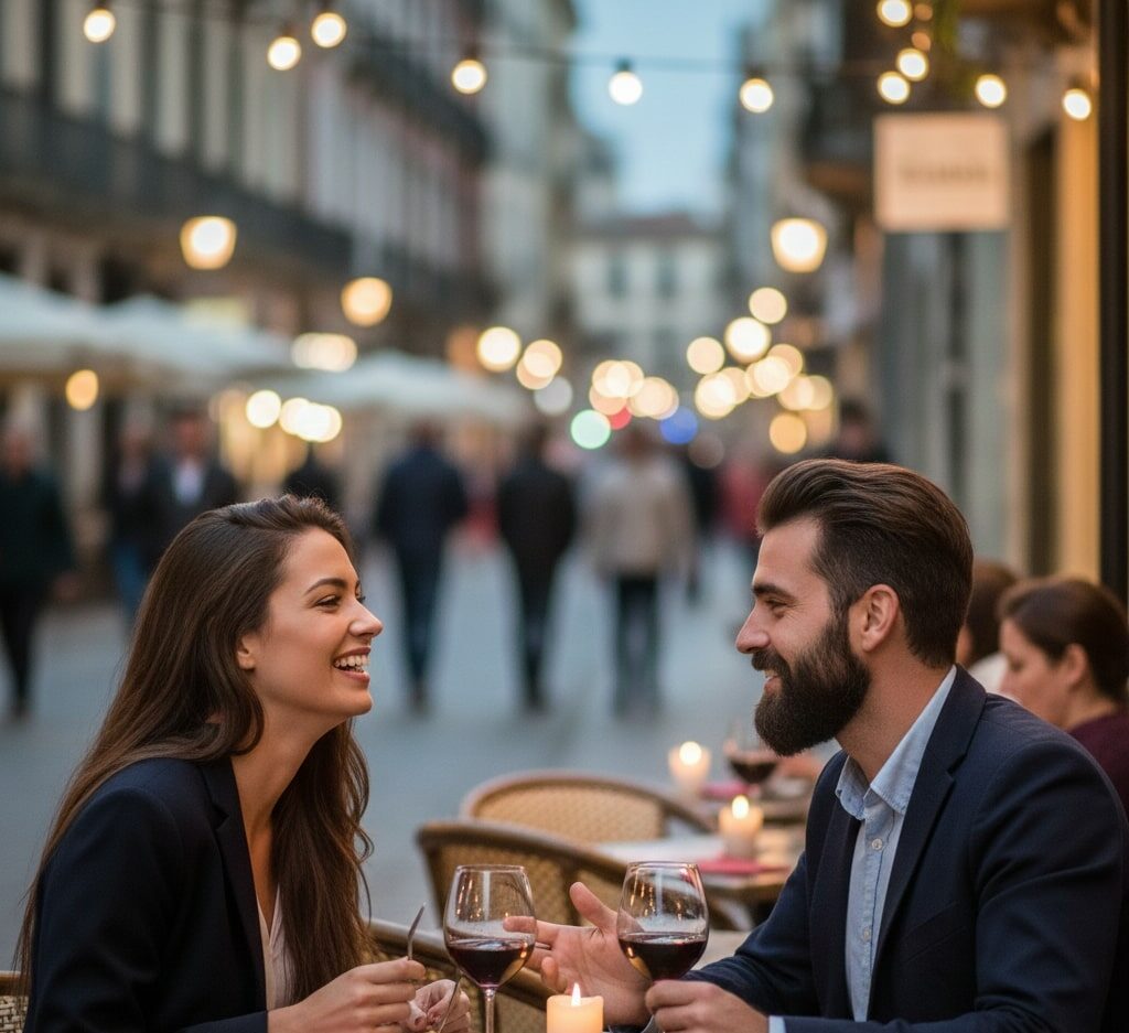 Couple qui discute a une terrasse de Saint-Orens-de-Gameville discutant pendant un rendez-vous amoureux