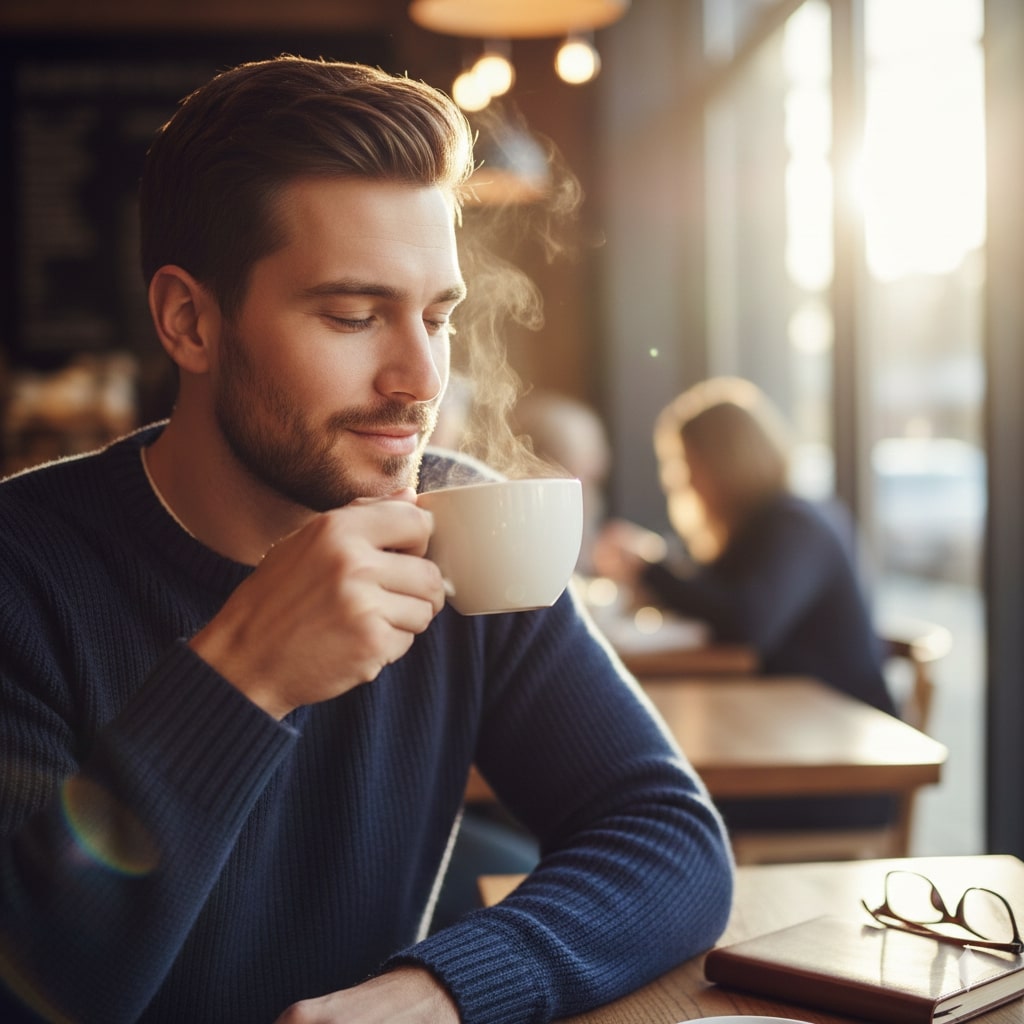 Homme dans un café à Saint-Maximin-la-Sainte-Baume , songeant à la prise de recul avant un rendez-vous